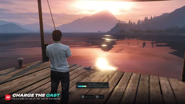Realistic Fishing FiveM script screenshot 1 — charging a cast on the power meter at sunset