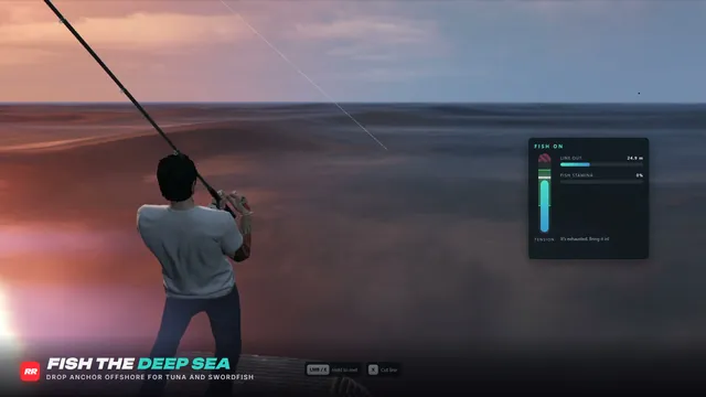 Realistic Fishing FiveM script screenshot 5 — fighting a tuna from a boat offshore