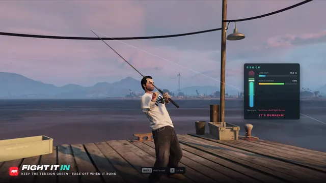 Realistic Fishing FiveM script screenshot 2 — fighting a fish with the tension gauge