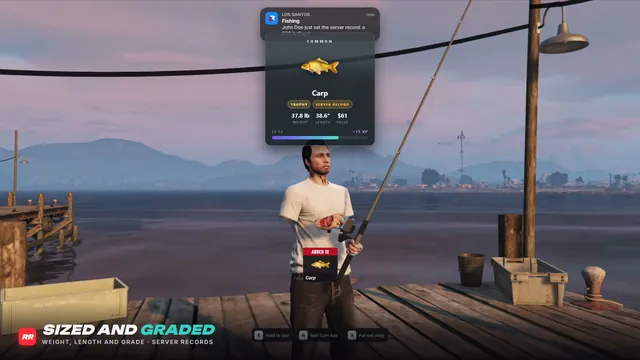 Realistic Fishing FiveM script screenshot 3 — a trophy catch card with a server record