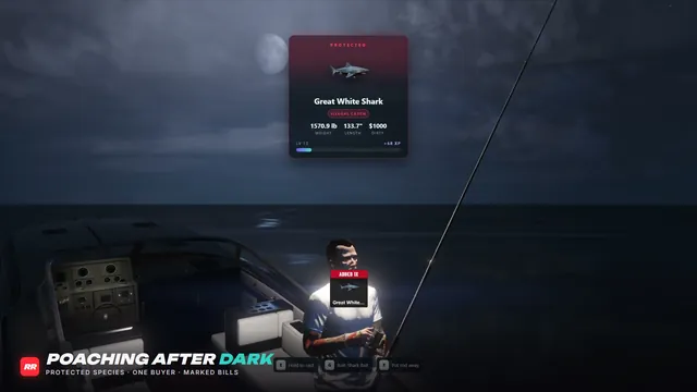 Realistic Fishing FiveM script screenshot 6 — a protected great white landed at night