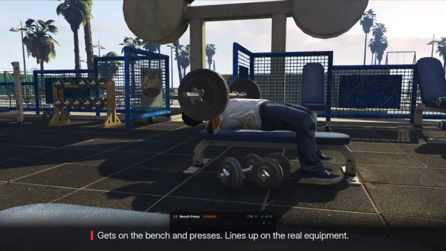 RR Gym FiveM script screenshot 1 — gym ui bench press