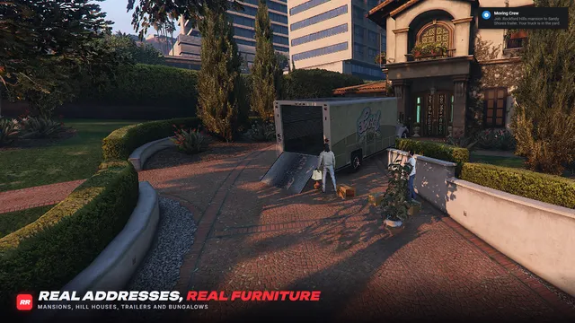 Moving Crew FiveM script screenshot 2 — furniture waiting at a Rockford Hills mansion