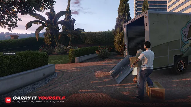 Moving Crew FiveM script screenshot 3 — carrying a box up the ramp
